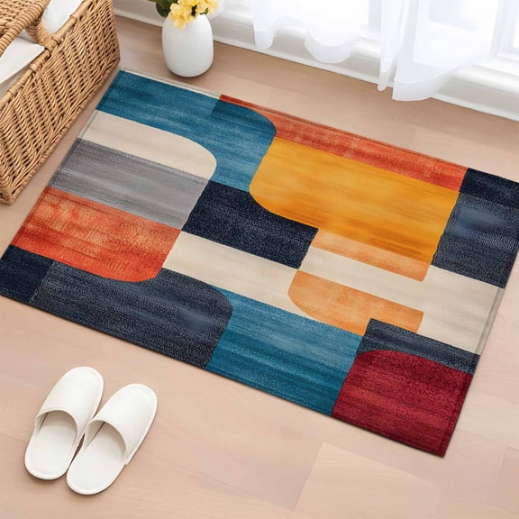 Colorful Block Bathroom Rug Washable 2x3 Entryway Rug Non Slip Vintage Abstract Art Geometric Front Door Mat Low Pile Indoor Doormat Throw Floor Carpet for Kitchen Bedroom Entrance