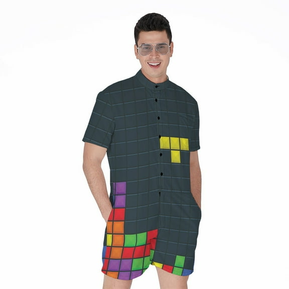 Colorful Block Puzzle Video Game Short Sleeve Men'S Rompers Casual Summer Jumpsuits Outfit