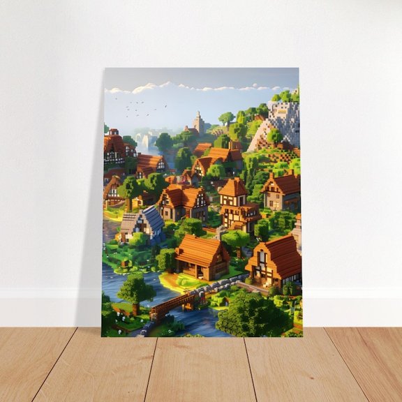 Colorful Block Village Landscape Poster – Sandbox Style Gaming Wall Art Print 8x12 UNFRAMED
