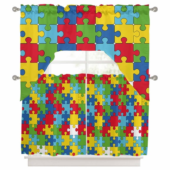 Colorful Blocks Swag Valance and Tier Set of 3, Modern Abstract Art Swag Curtains Valances for Small Window Treatment Rod Pocket for Kitchen Bathroom 56x36in+27.5x36*2