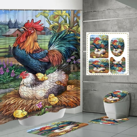 Colorful Blooming Sunflower Chicken Shower Curtain Set and Mats Non-Slip Rustic Lodge Rooster U-Shaped Cushion Rugs for Floor 4 Pcs Farmhouse Daisy Cock Bathroom Decor 72x72inch