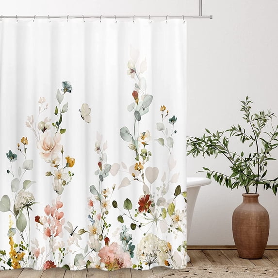 Colorful Blooming White Floral Shower Curtain Sets, Watercolor Pink Red Flowers Butterflies Tropical Bathroom Decorative 71X71 Inch Polyester Waterproof Fabric Bath Curtain with Hooks