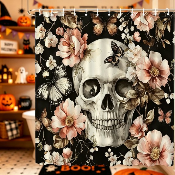 Colorful Blossom Sugar Skull Print Shower Curtain,70.8x70.8 inch,Polyester,Rental Apartment Hotel B&B Bathroom Decor