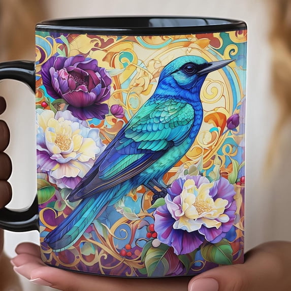 Colorful Blue Bird Art Nouveau Style, Gift for Bird Lovers, Ceramic Coffee Cup, Kitchen Decor, Gift for mom, 11oz, , morning coffee cup