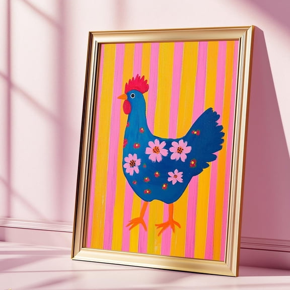 Colorful Blue Chicken Wall Art Print Floral Folk Art Rooster Poster Farmhouse Kitchen Decor Country Animal Art
