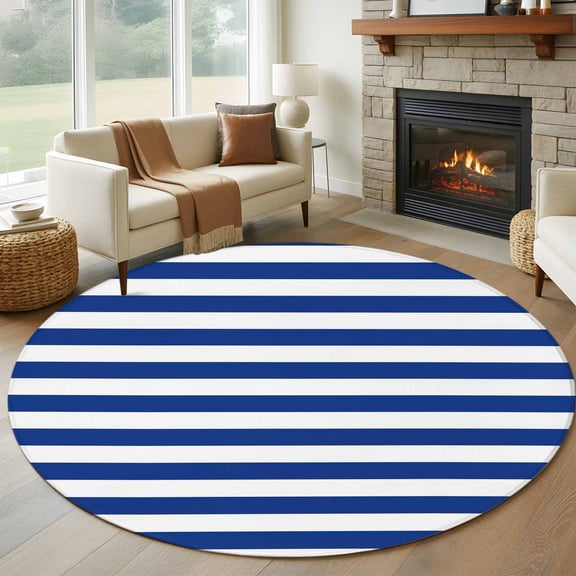 Colorful Blue Round Living Room Rugs 6 ft, and White Horizontal Stripes Washable Area Rug with Non-Slip Sturdy Edge Binding Round Carpet for Kitchen Office Bedroom