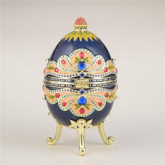 Colorful Blue Russian Egg Enamel Painted Trinket Box with Austrian Crystals