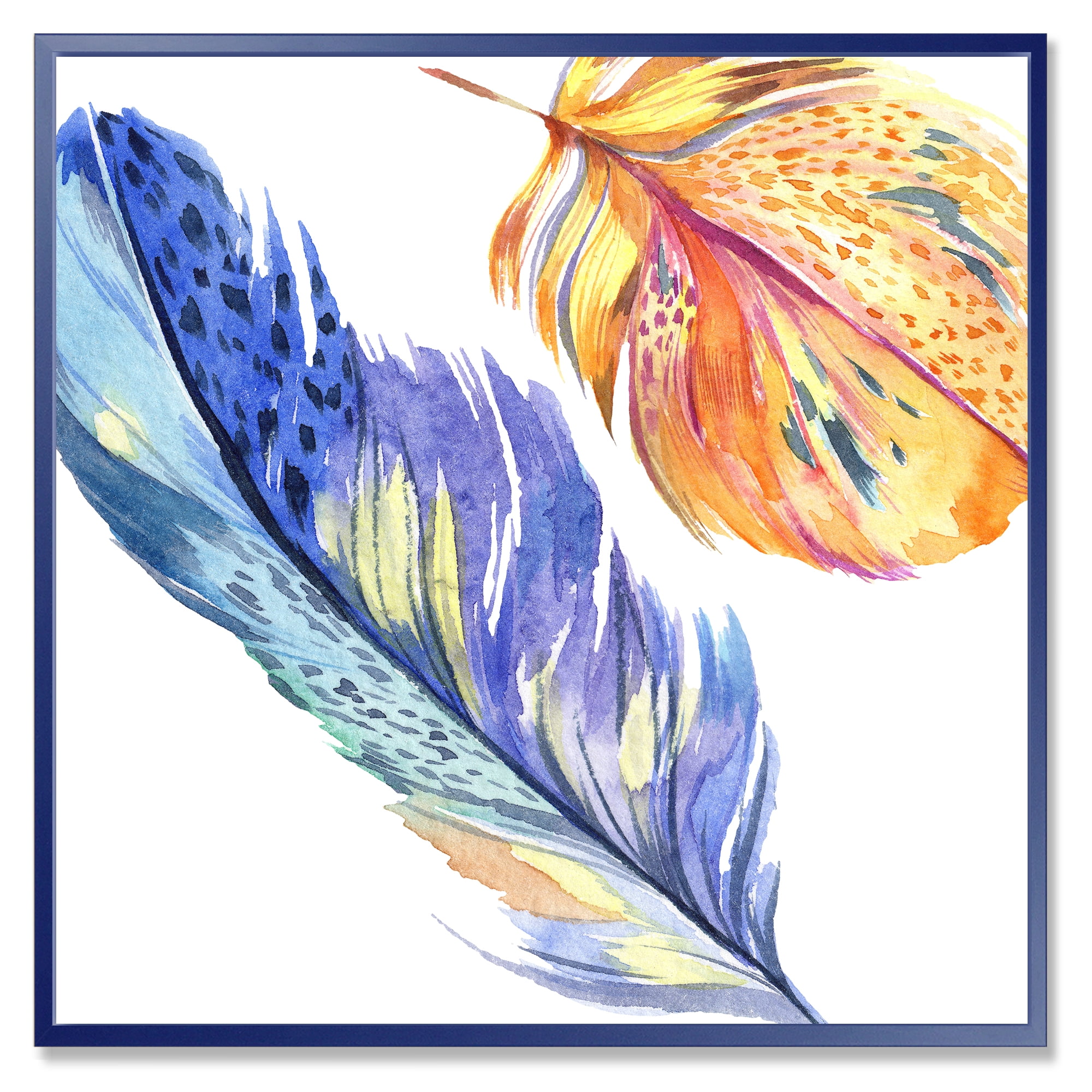 Colorful Blue and Golden Bird Feather From Wing 36 in x 36 in Framed Painting Canvas Art Print, by Designart