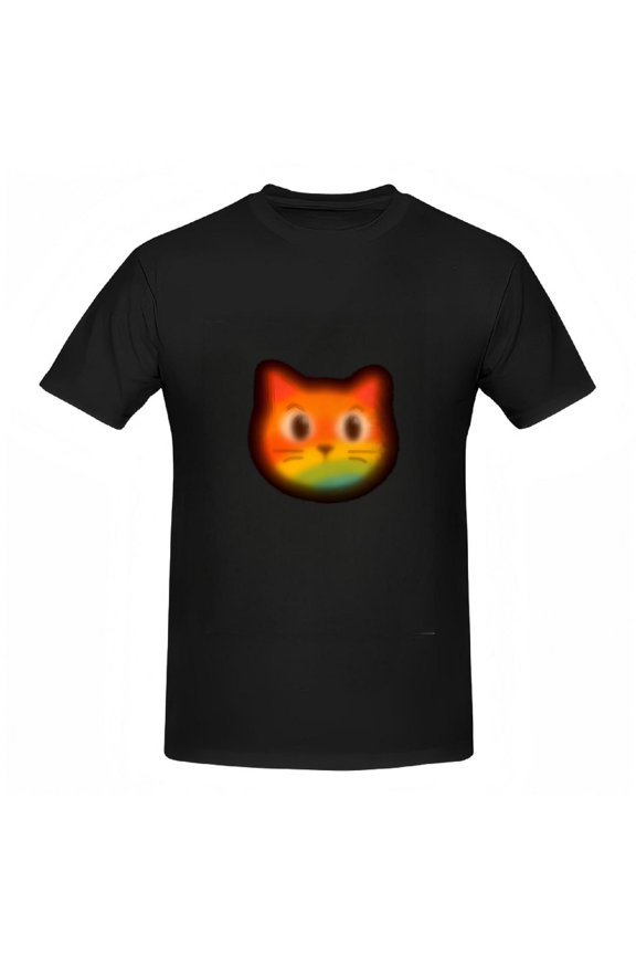 Colorful Blurred Cat Face Graphic Cotton Short Sleeve T-Shirt for Women - Surprised Expression on Warm Gradient Background