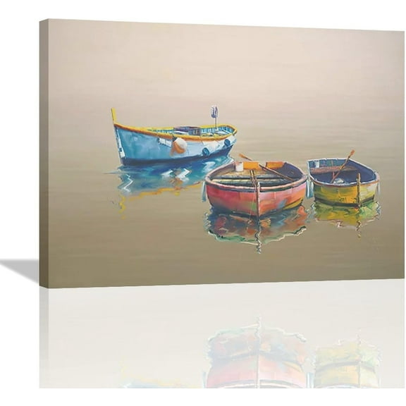 Colorful Boat Decor Wall Art Lake Scenery Wall Decor Boat Canvas Painting Framed Artwork for Living Room Bathroom Bedroom 16"x12"