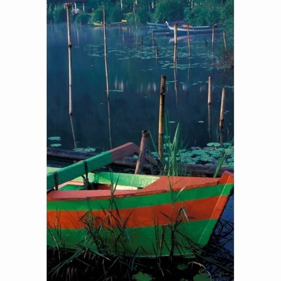 Colorful Boat Moored at Lake Bratan, Bali, Indonesia Poster Print by Keren Su (18 x 27)