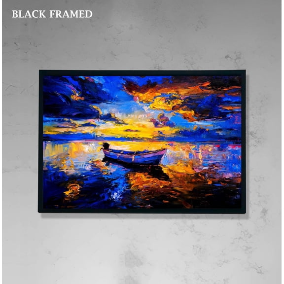 Colorful Boat Sunset Art, Impressionist Seascape, Vibrant Blue And Orange Wall Decor For Modern Living Room Or Nursery Home Decor, 12x18 UNFRAMED