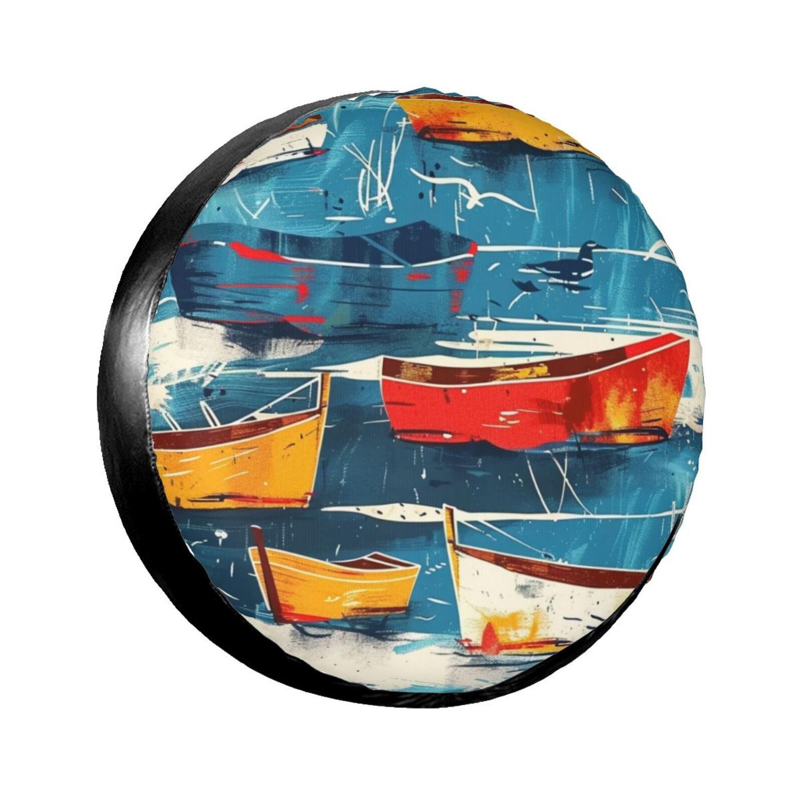 Colorful Boats on Water A Maritime Scene tire cover, wheel protector