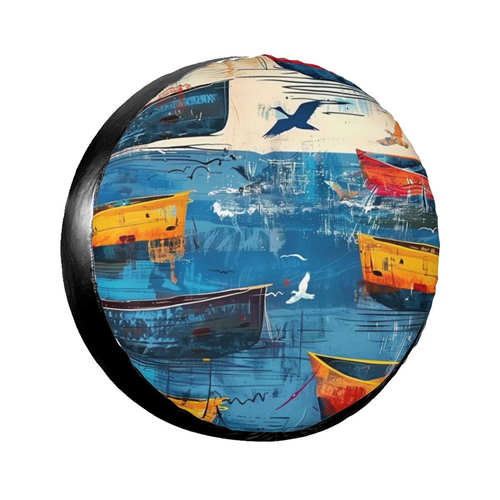 Colorful Boats on Water A Maritime Scene tire cover, wheel protector