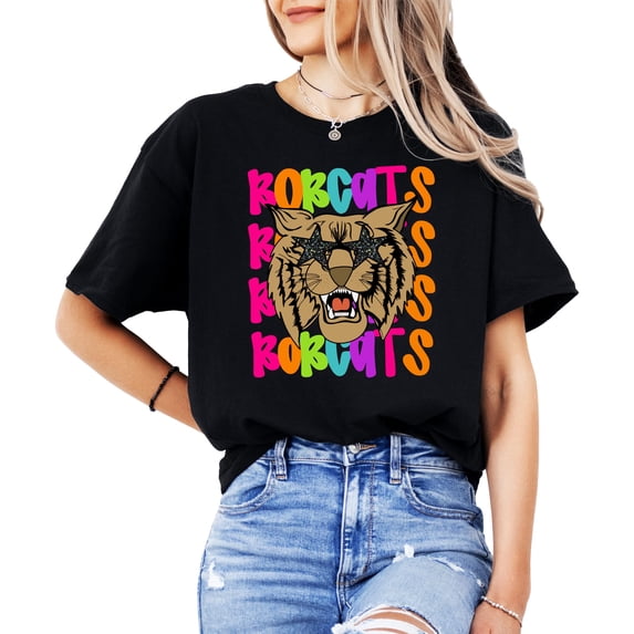 Colorful Bobcats Wavy Shirt Sport School Spirit Tee for Adult Women and Kids Black Shirt Adult Small