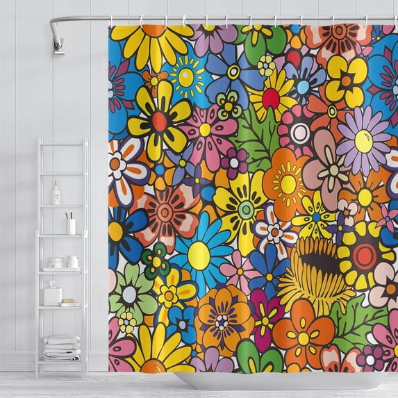 Colorful Bohemian Flowers Shower Curtain - Funky Retro Hippie 60s 70s Aesthetic, Washable Polyester Durable Fabric, Includes Hooks, 72x84 Inch, Perfect for Vintage-Inspired Bathrooms