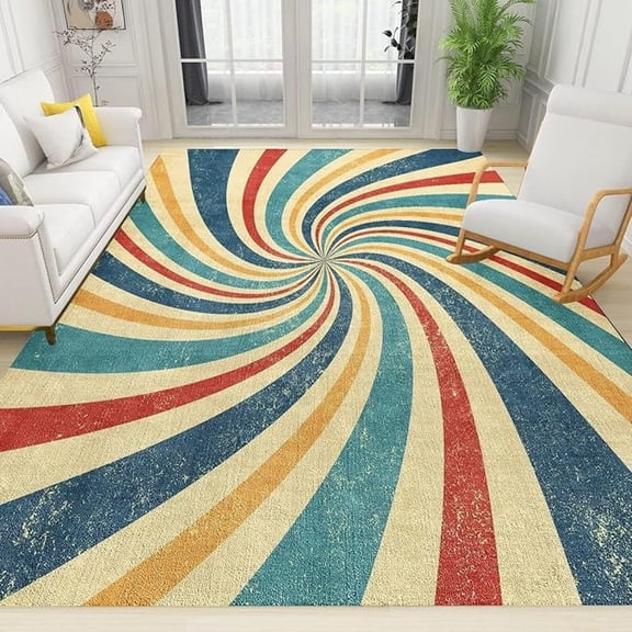 Colorful Bohemian Psychedelic Swirl Area Rugs, Medieval Geometric Rainbow Lines Large Carpet, With Anti-Slip Backing Washable Rug For Living Room Bedroom Kitchen Floor Mat 5x8ft