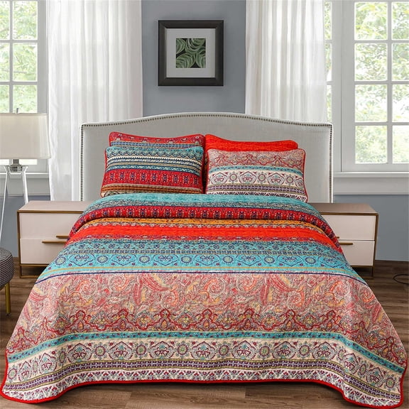 Colorful Bohemian Quilt Set Queen Size Boho Red Blue Exotic Striped Printed Bedspread Set 3 Pieces Vibrant Vintage Mandala Microfiber Bed Coverlet for All Seasons