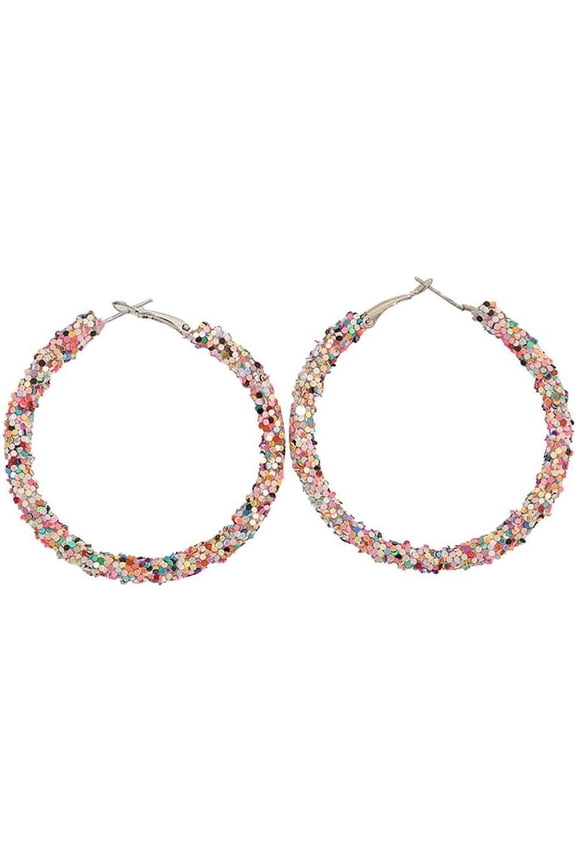 Colorful Bohemian Shiny Glitter Sequins Round Hoop Earrings Wrapped Gold Plated Circle Statement Rhinestone Dangle Drop Earrings for Women Simple Jewelry