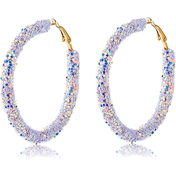 Colorful Bohemian Shiny Glitter Sequins Round Hoop Earrings Wrapped Gold Plated Circle Statement Rhinestone Dangle Drop Earrings for Women Simple Jewelry