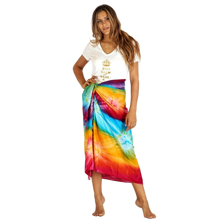 Colorful Bohemian Style Tie Dye Printed Beach Wrap Sarong With Fringe Rainbow Size One Size Uluwatu Style
