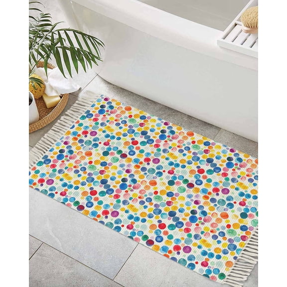 Colorful Boho Bath Rug 2x3ft Woven Bathroom Entryway Runner Rug,Polka Dots Yellow Blue Ombre Bohemia Washable Living Room Hallway Bedroom Kitchen Carpet with Tassels,Indoor Outdoor Throw Doormat