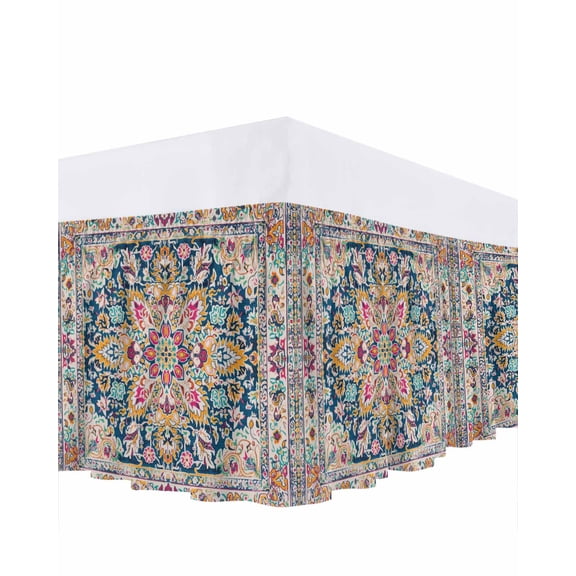 Colorful Boho Bed Skirt Queen Size, Ethnic Vintage Mexican Flowers Southwestern Wrap Around Bed Skirting with Adjustable Elastic Strap, Dust Ruffle Pleated Bedskirts 18 Inch Drop for Bedroom Beds