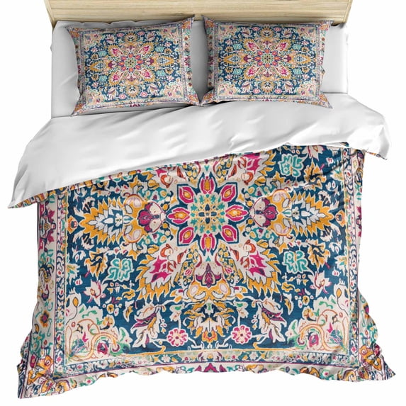 Colorful Boho Bedding 3 Piece Duvet Cover Set Full Size, Ethnic Vintage Mexican Flowers Southwestern Soft Microfiber Comforter Cover with Zipper Closure & Pillowcases, FadeResistant Quilt Cover