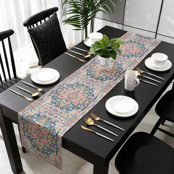 Colorful Boho Cotton Linen Table Runner 18 x 72 inch Ethnic Vintage Mexican Flowers Southwestern Non-slip Rectangular Dining Table Decor for Wedding Party Holiday Dinner