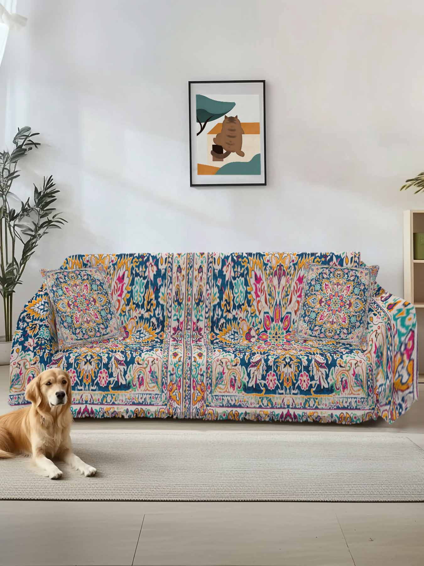 Colorful Boho Couch Cover, Ethnic Vintage Mexican Flowers Southwestern Sofa Cover Blanket for 3 Cushion Couch, Sectional Sofa Slipcover Furniture Protector for Living Room Bedroom 71''x134''