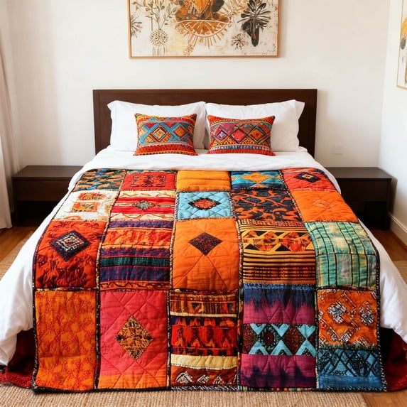 Colorful Boho Diamond Patchwork Fleece Blanket, Soft Flannel Material Multiple Size Options, All Season Warm Decorative Blanket for Home Couch Bed