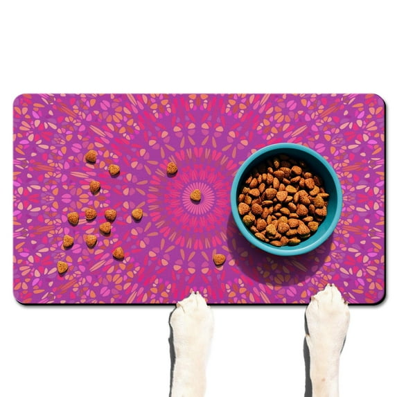 Colorful Boho Dog Food Mat - Psychedelic Art Design, 4-Layer Protection, Soft Surface for Pet Comfort