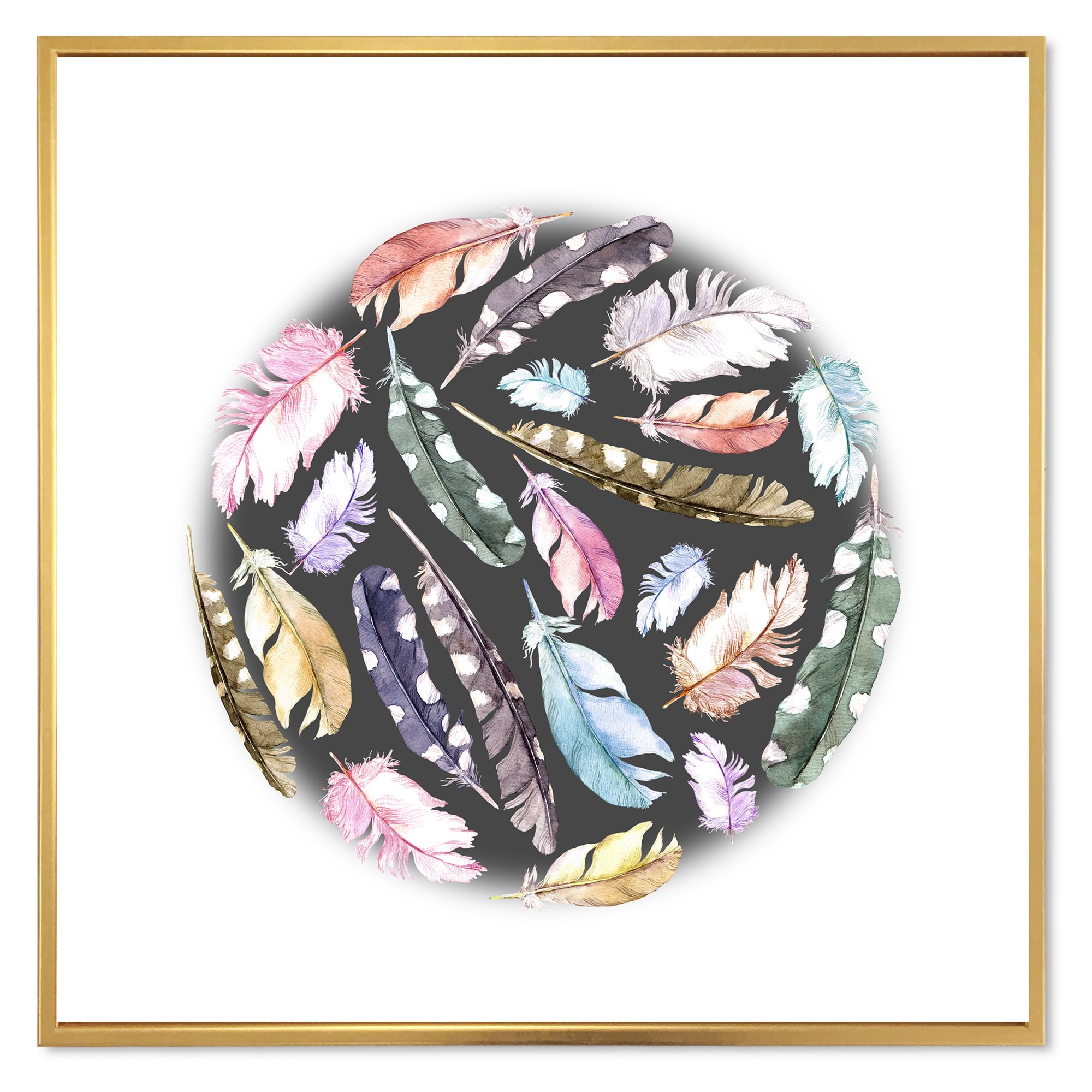 Colorful Boho Feathers In Circle Shape 16 in x 16 in Framed Painting Canvas Art Print, by Designart