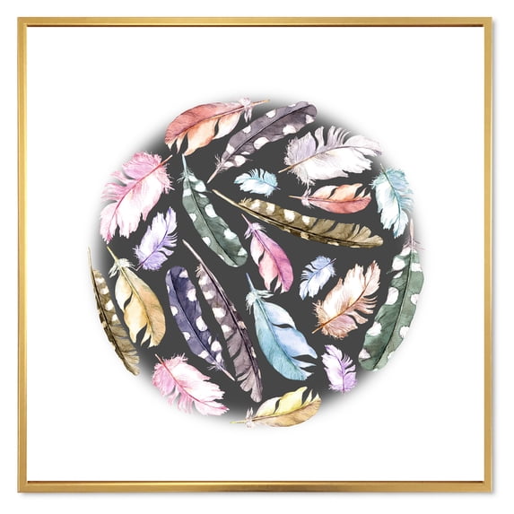 Colorful Boho Feathers In Circle Shape 30 in x 30 in Framed Painting Canvas Art Print, by Designart
