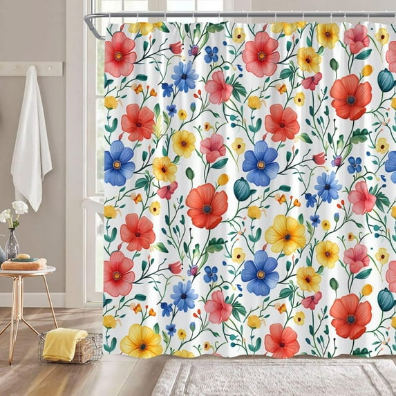 Colorful Boho Floral Shower Curtain - Bright Rustic Spring Plant Farmhouse Herbs Botanical Design, Waterproof Fabric, Includes Hooks, Perfect for Adding a Vibrant and Natural Touch to Your Bathroom De
