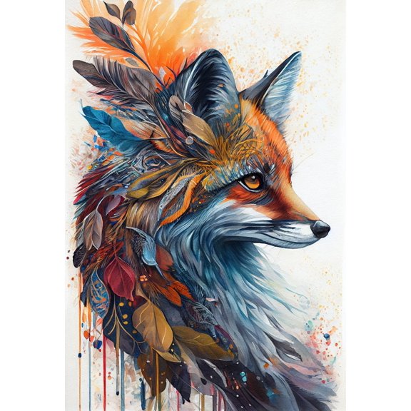 Colorful Boho Fox Watercolor Feather Illustration Animal Wall Art Decor 8x12 UNFRAMED