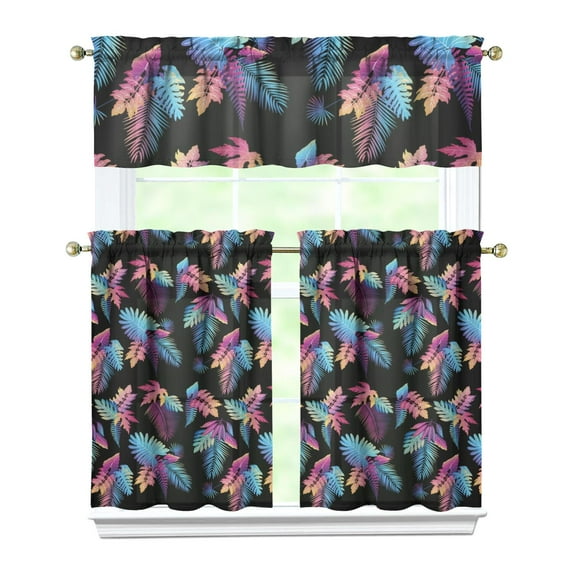 Colorful Boho Kitchen Window Treatments - 3 Piece Tropical Floral Curtain Set with Valance & Tier Panels