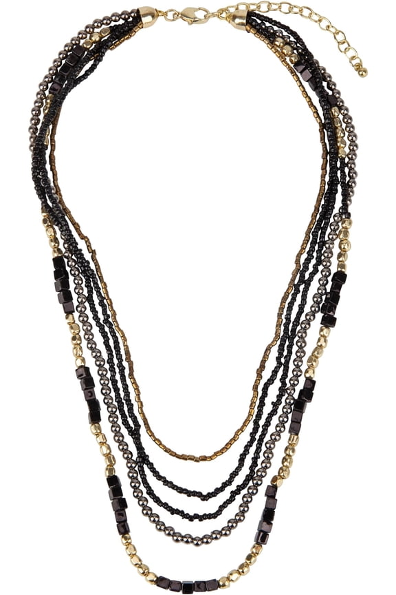 Colorful Boho Multistrand Beaded Necklace -- Layered Seed Beads in Black, , Red, Teal and Navy for Effortless, Free-Spirited Style Varies 16-20 inches with 3 inch Extension Chain
