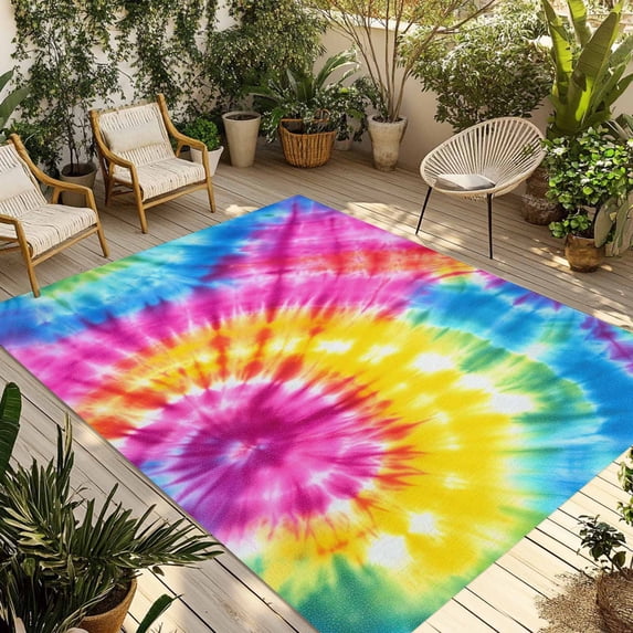 Colorful Boho Outdoor Rug 3x5 Ft - Reversible Patio Rug Outdoor Camping Rugs, Pink Yellow Blue Green Tie Dye Abstract Art Indoor Outdoor Area Rugs, Non-Slip Outdoor Carpet Runner for Deck/Porch