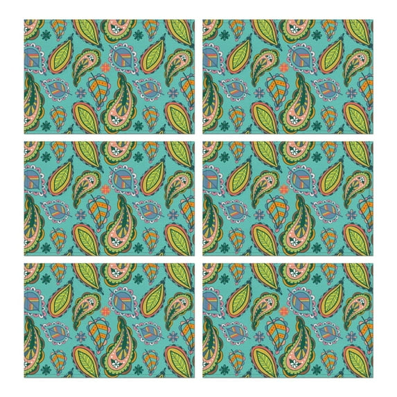 Colorful Boho Paisley Placemats Set of 6, Flax Linen Table Mats Featuring Heat Resistant Wrinkle Free Finish with Vintage Floral and Artistic Mandala Design
