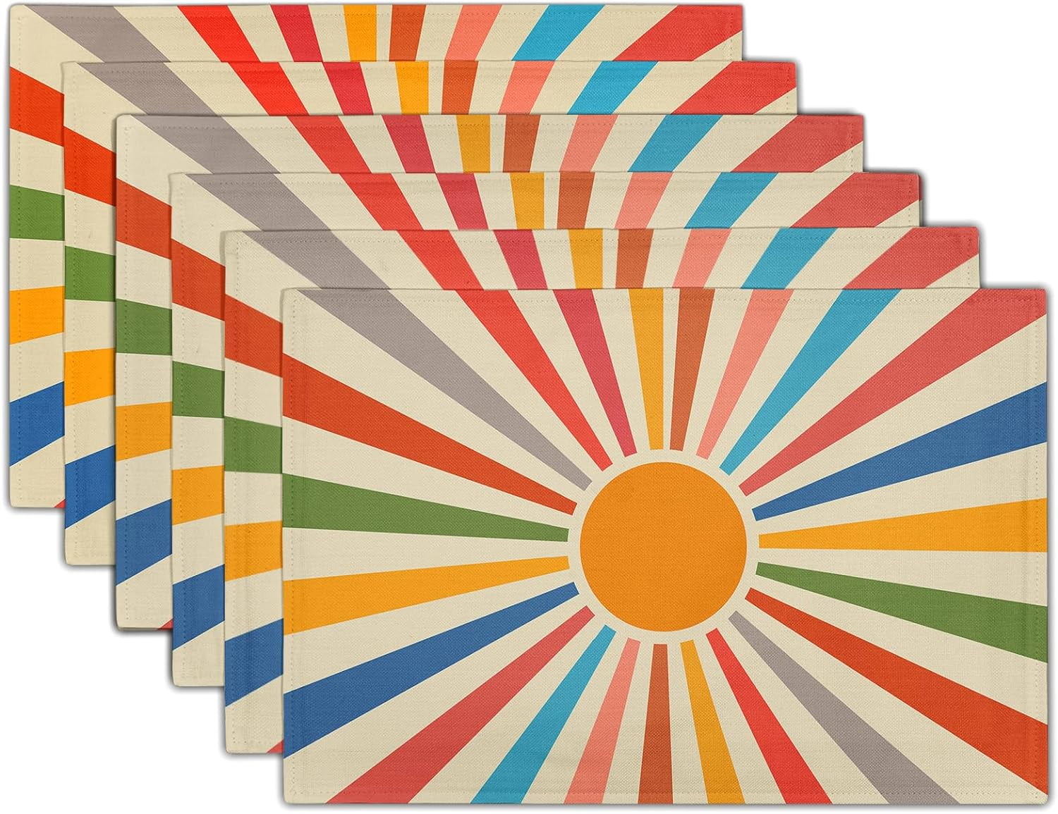 Colorful Boho Placemats Set of 6 Rustic Retro Rainbow 70s Sun Linen ...