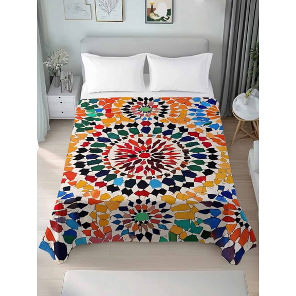 Colorful Boho Queen Size Flat Sheet, Wrinkleproof & Fadeproof Cooling Flat Bed Sheet Only, Watercolor Abstract Geometric Breathable Soft Bedding Top Sheets 90 x 102 Inches