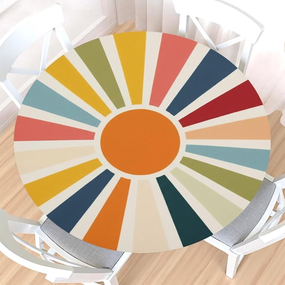 Colorful Boho Round Fitted Tablecloth with Elastic Edge,Water-Resistant Cream Vintage Sun Rainbow Stripes Rustic Bohemian for 40-44" Found Tables Farmhouse Table Cloth for Dinner,Outdoor,Patio