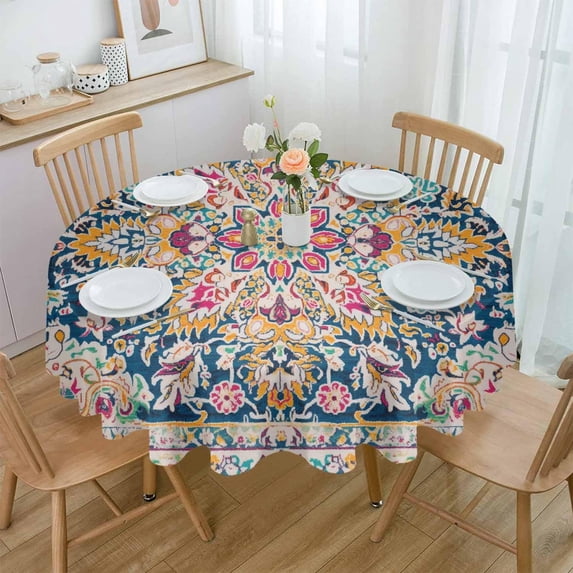 Colorful Boho Round Tablecloth 60 Inch - Waterproof Fabric Table Cloth Protector, Ethnic Vintage Mexican Flowers Southwestern Tablecloths Washable Table Cover for Kitchen Coffee Table