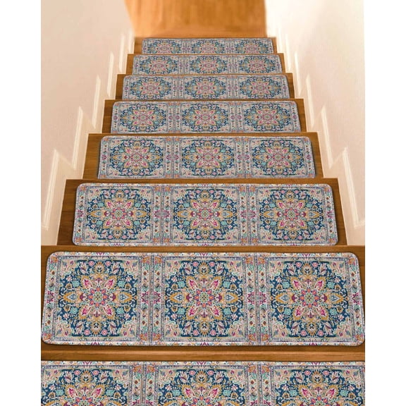 Colorful Boho Stair Treads for Wooden Steps Indoor Runner Rug Carpet, Ethnic Vintage Mexican Flowers Southwestern 10 Pieces Peel and Stick Staircase Step Treads Covers Washable Door Mats 30"x8"