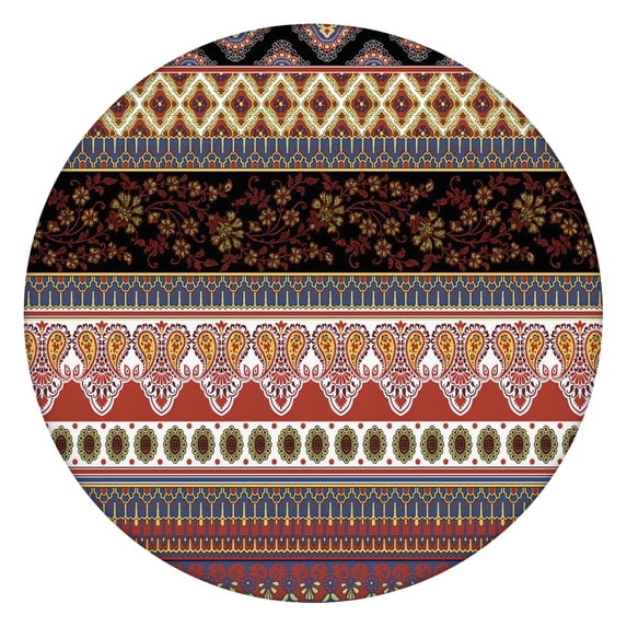 Colorful Boho Style Floral Print Tablecloth - Elastic Hem Round Table Cover for Patio Party Decor - Fits 52-56 Inch Tables
