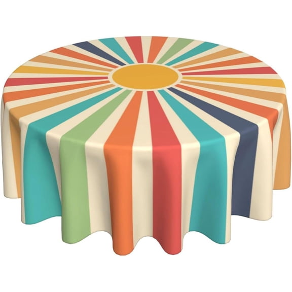 Colorful Boho Tablecloth 70x70 Inch Round Rustic Cream Vintage Sun Rainbow Stripes Table Cloth Farmhouse Retro Bohemian Table Cover Decorative for Picnic Party Holiday Home