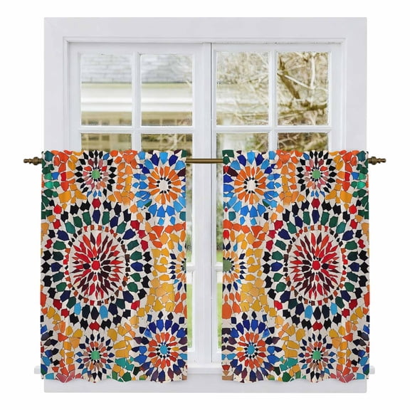 Colorful Boho Tier Curtains, Watercolor Abstract Geometric Light Filtering Kitchen Curtains, 2Pcs Rod Pocket Half Window Treatments Panels for Sink Cafe Cabinet Basement 27.5x45 Inches