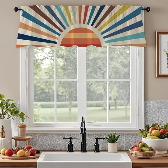 Colorful Boho Valance Kitchen Window Curtain Retro Sun Colored Rainbow Rod Pocket Short Funky Vintage Valance Treatment 1 Panel Small 70S Cute Curtain for Bathroom Living Room (55x18 Inch)
