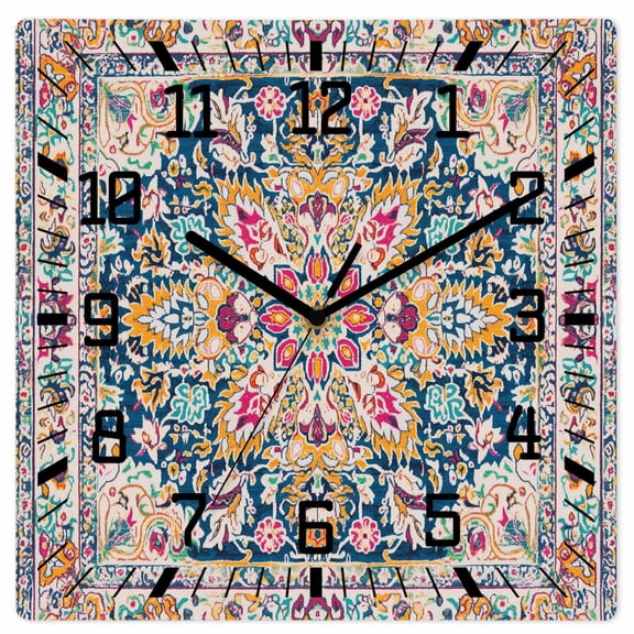 Colorful Boho Wooden Wall Clock Silent Non Ticking, Ethnic Vintage Mexican Flowers Southwestern Square Wall Clocks Battery Operated, Decor Clock for Home Office, Living Room, Kitchen, 12 Inch